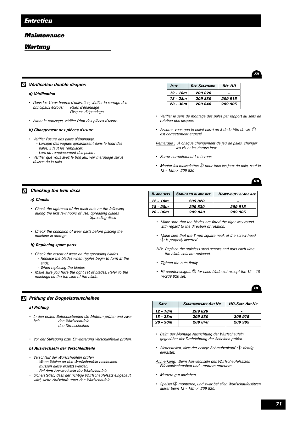 Entretien maintenance wartung | Sulky DPA XLT User Manual | Page 72 / 102