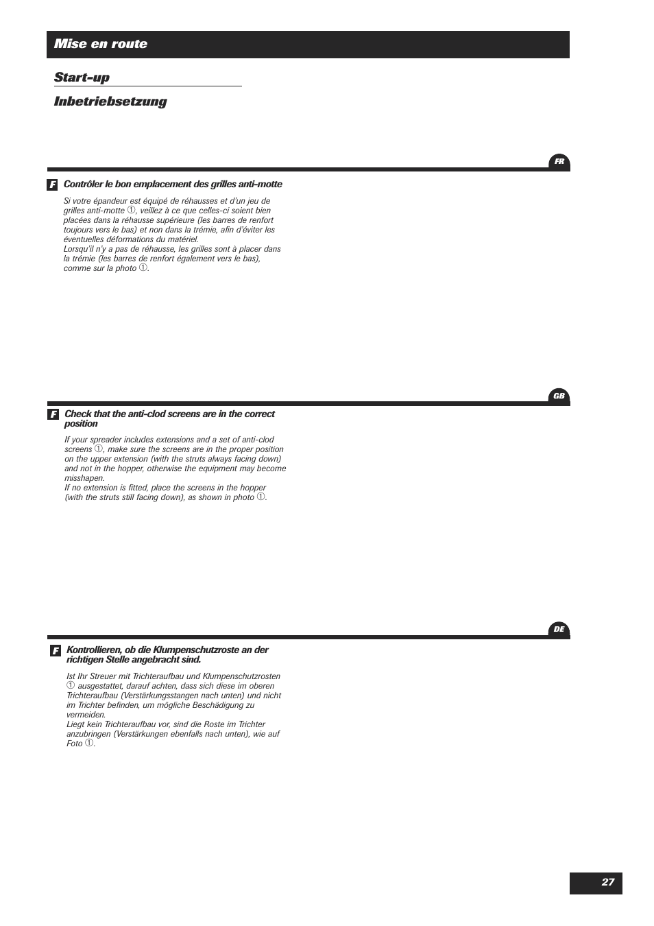 Mise en route start-up inbetriebsetzung | Sulky DPA Polyvrac mecanical User Manual | Page 29 / 93