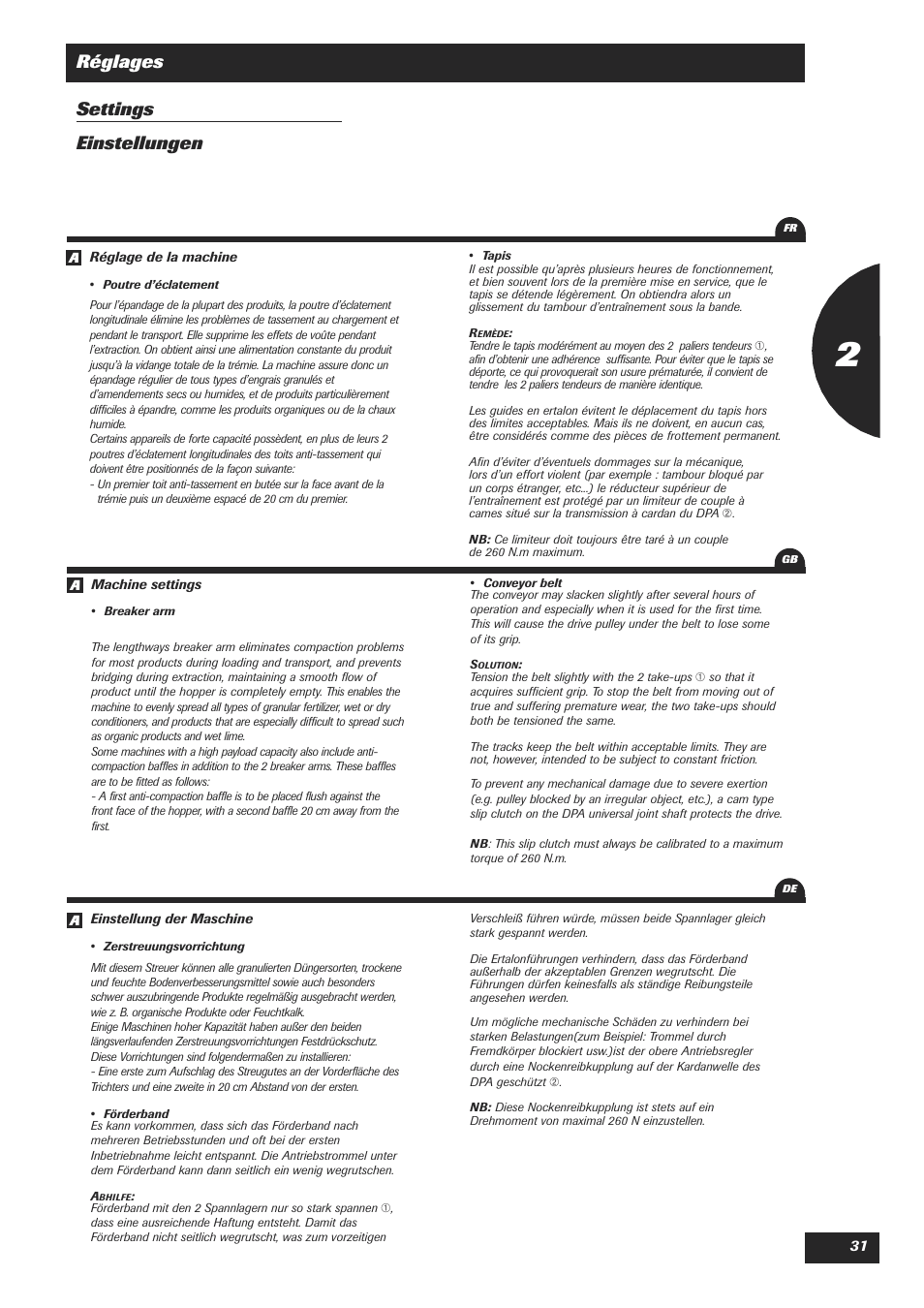 Réglages settings einstellungen | Sulky DPA Polyvrac mecanical User Manual | Page 33 / 93