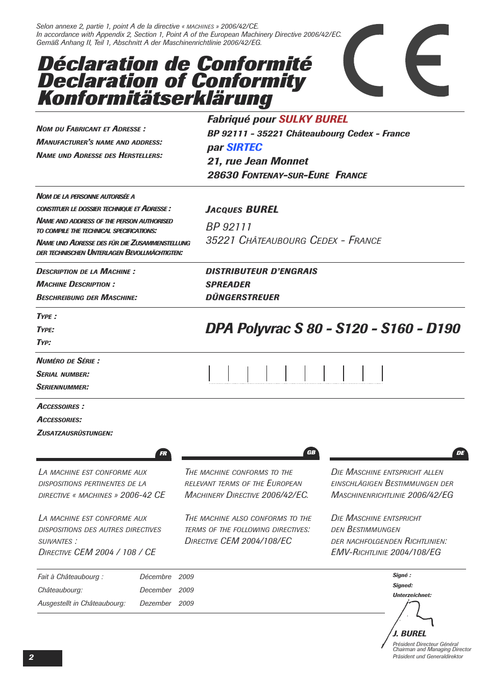 Fabriqué pour sulky burel, Burel | Sulky DPA Polyvrac mecanical User Manual | Page 4 / 93