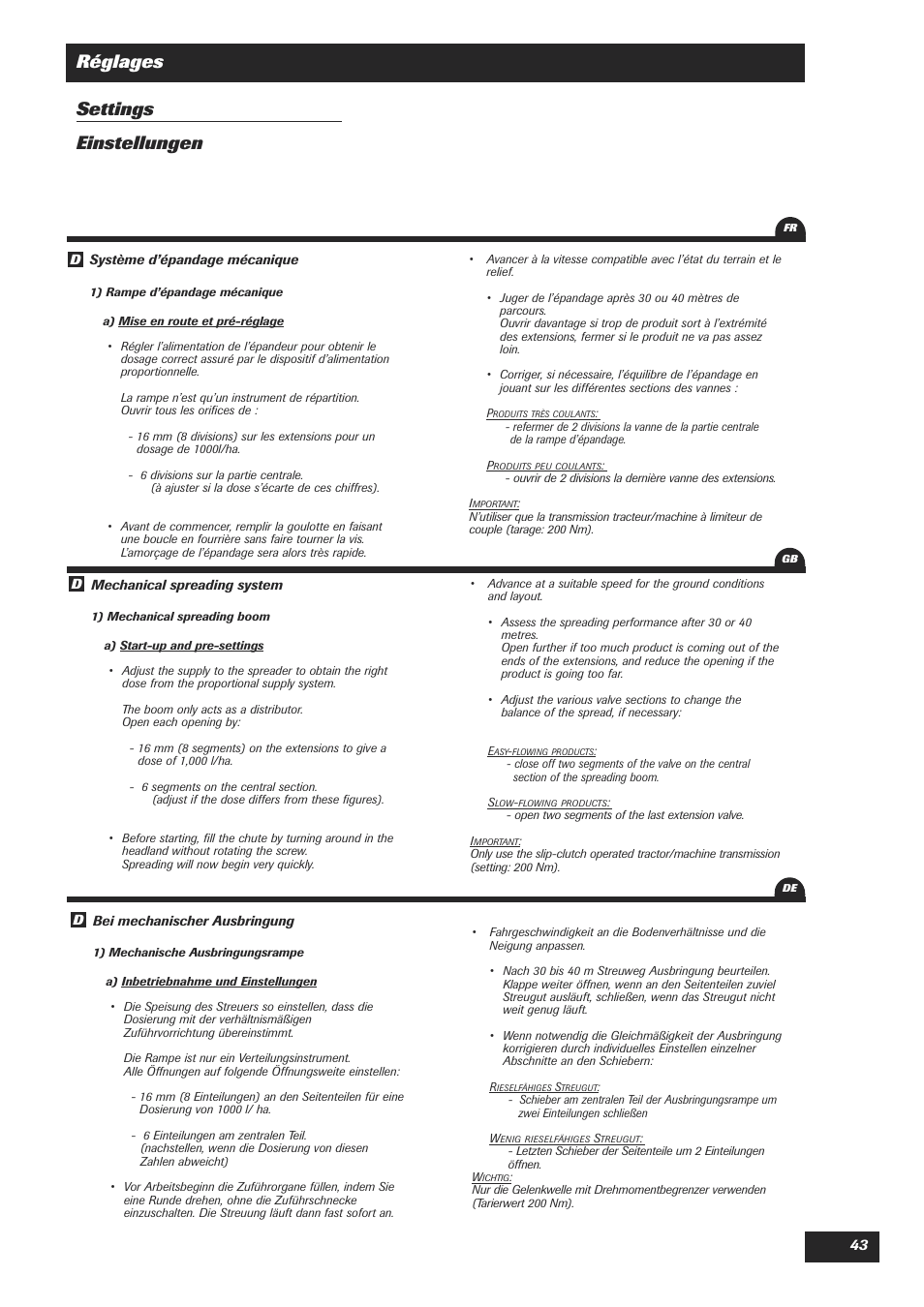Réglages settings einstellungen | Sulky DPA Polyvrac mecanical User Manual | Page 45 / 93