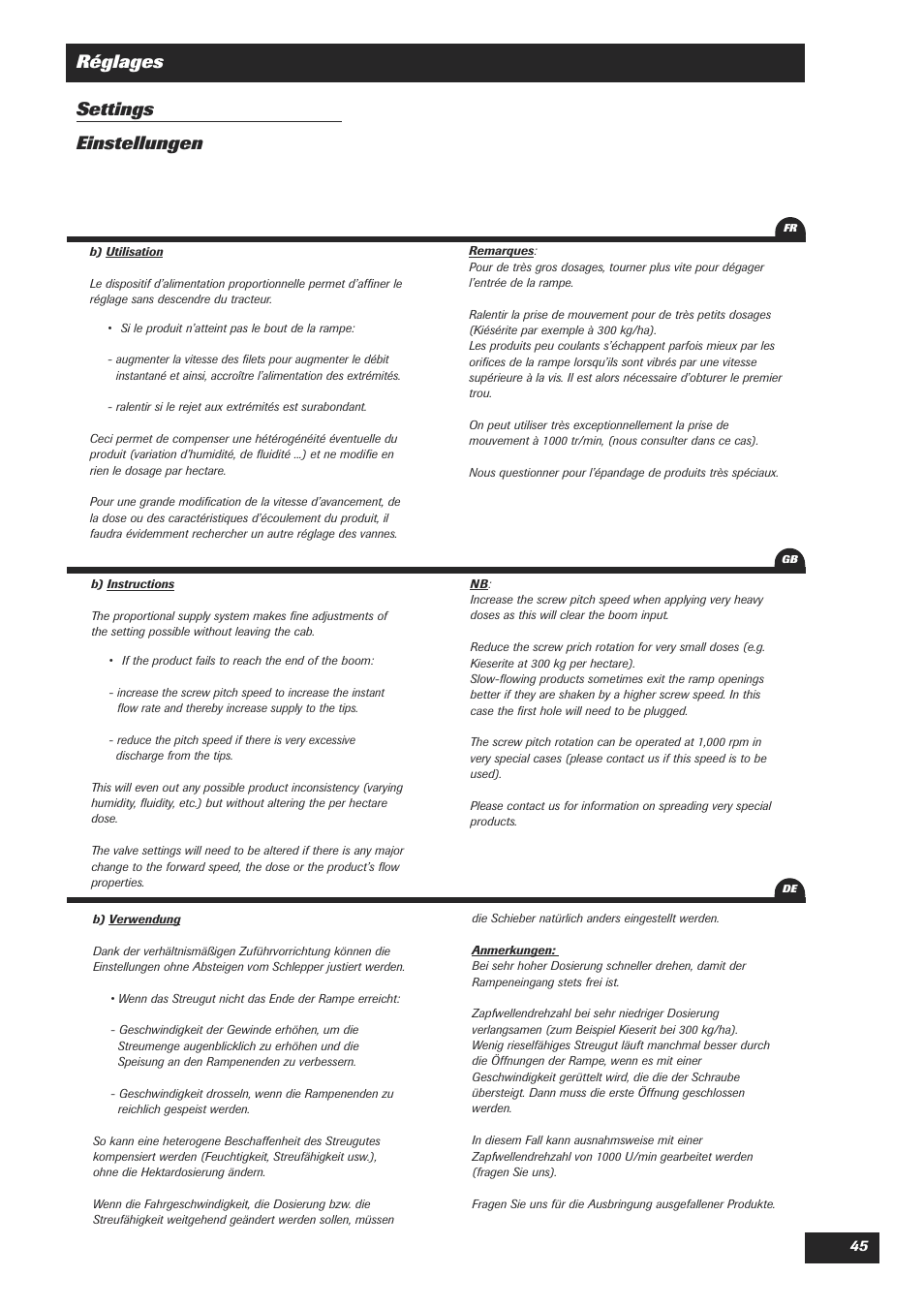 Réglages settings einstellungen | Sulky DPA Polyvrac mecanical User Manual | Page 47 / 93