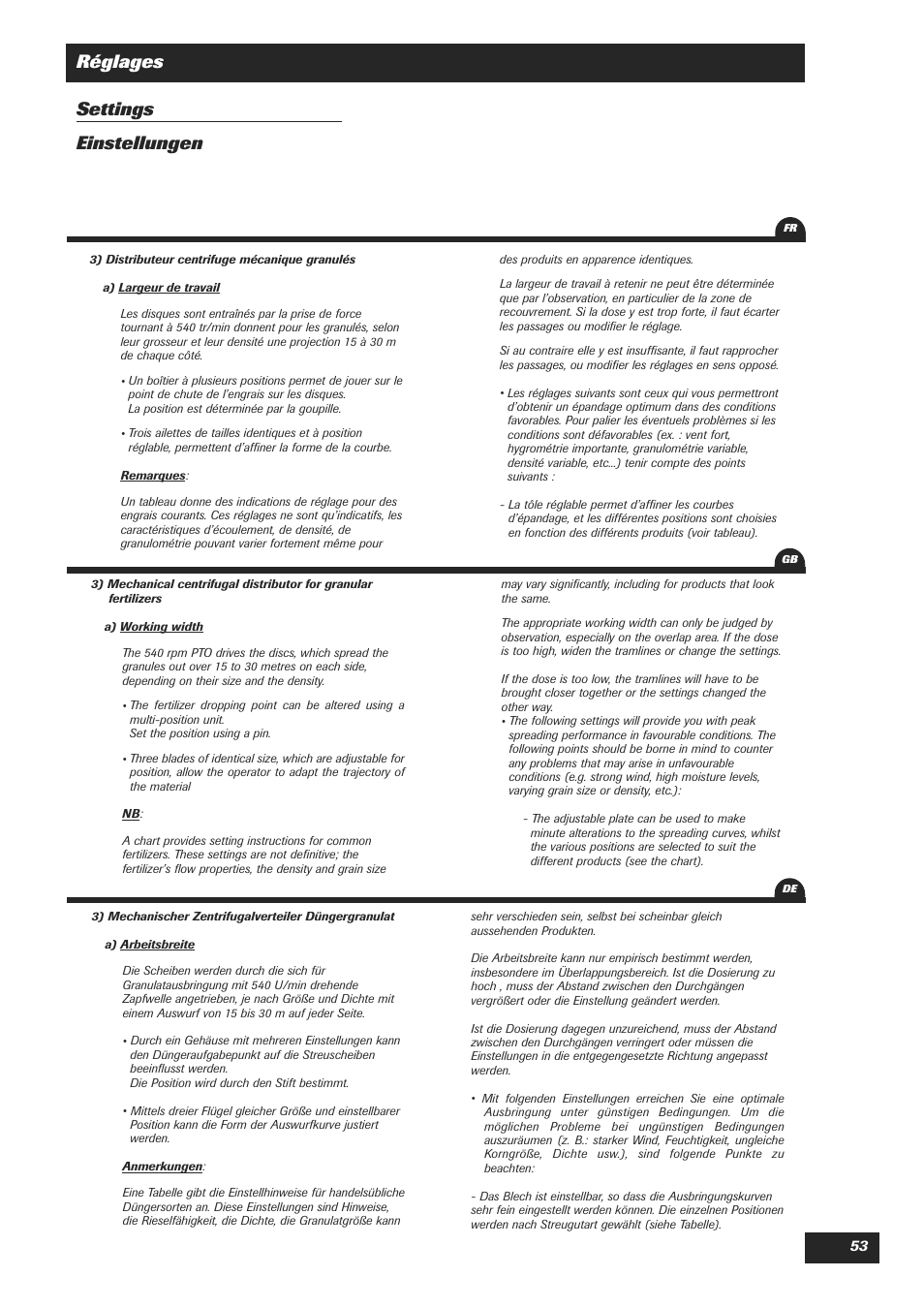 Réglages settings einstellungen | Sulky DPA Polyvrac mecanical User Manual | Page 55 / 93