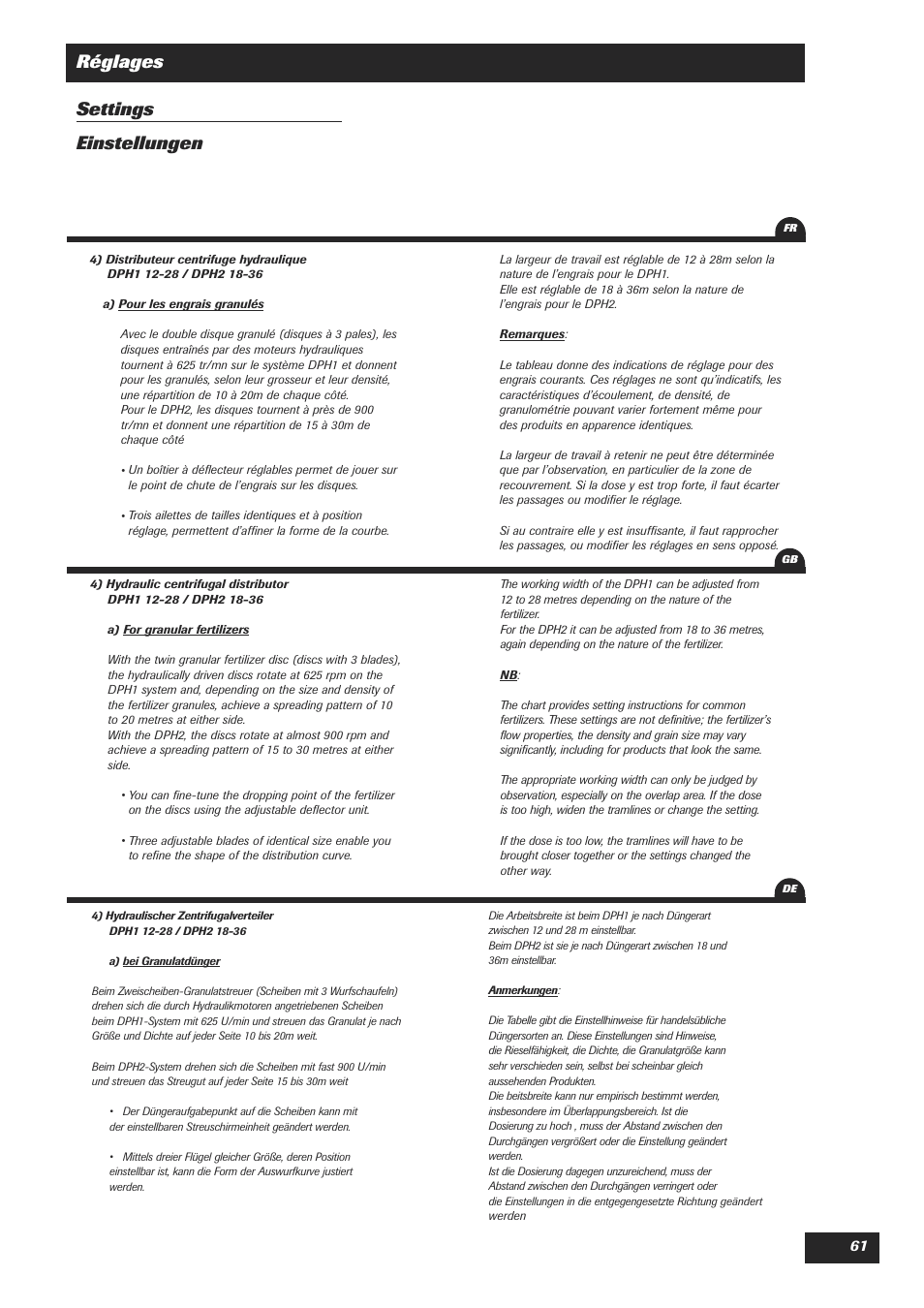 Réglages settings einstellungen | Sulky DPA Polyvrac mecanical User Manual | Page 63 / 93
