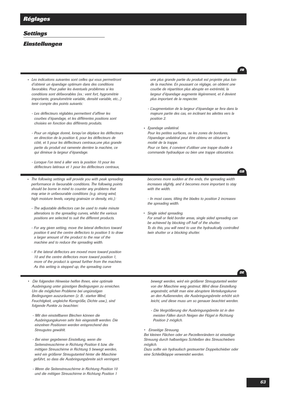Réglages settings einstellungen | Sulky DPA Polyvrac mecanical User Manual | Page 65 / 93
