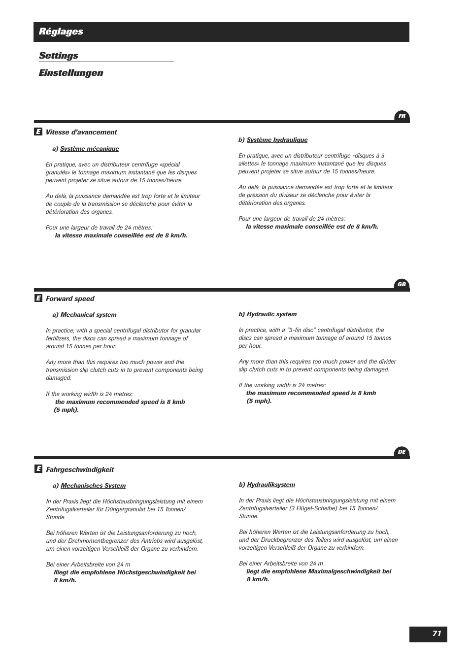 Réglages settings einstellungen | Sulky DPA Polyvrac mecanical User Manual | Page 73 / 93