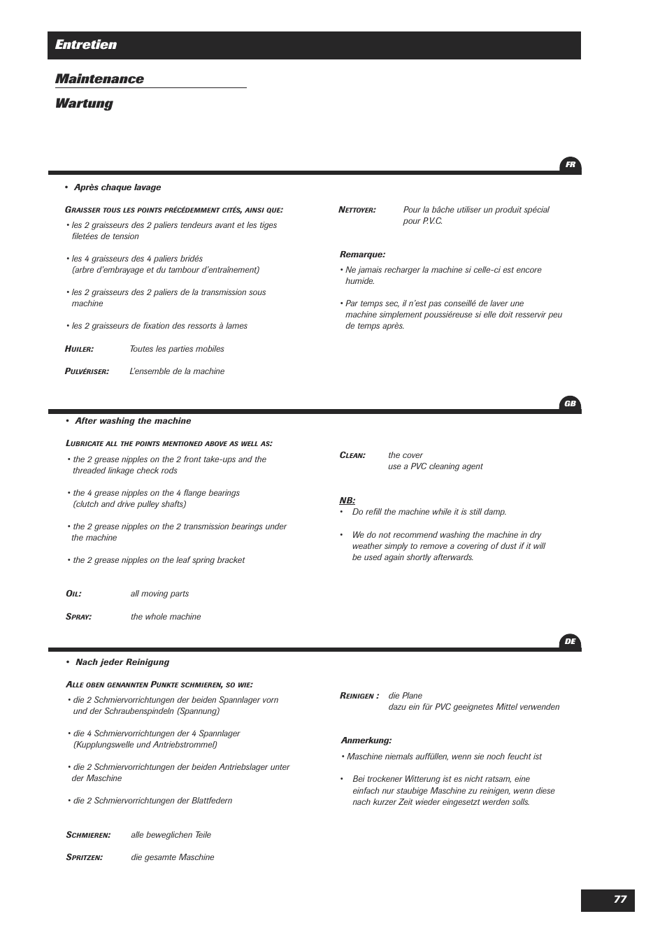 Entretien maintenance wartung | Sulky DPA Polyvrac mecanical User Manual | Page 79 / 93