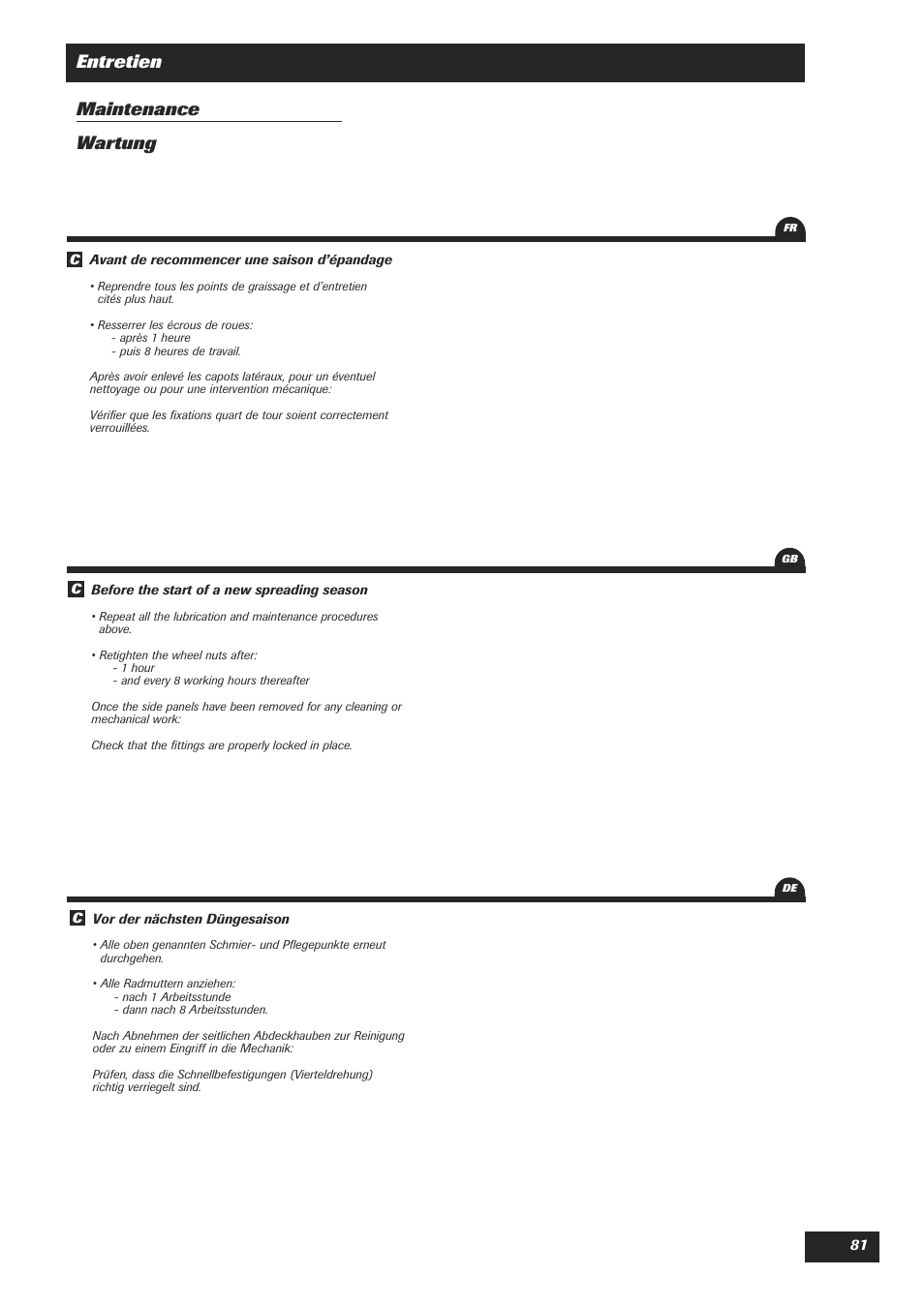 Entretien maintenance wartung | Sulky DPA Polyvrac mecanical User Manual | Page 83 / 93