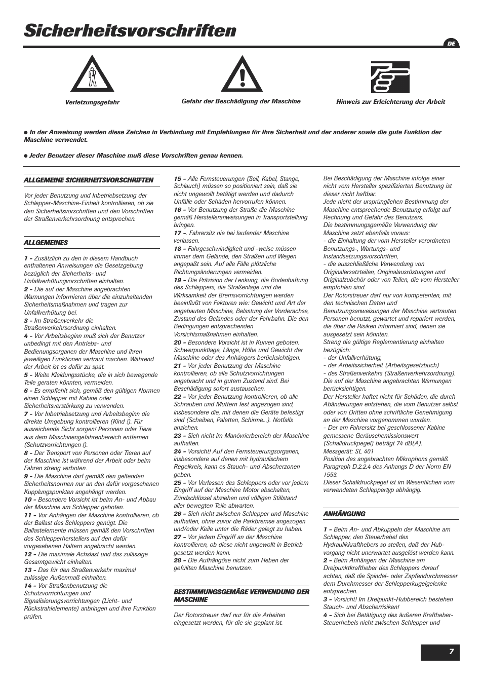 Sicherheitsvorschriften | Sulky DPA Polyvrac mecanical User Manual | Page 9 / 93