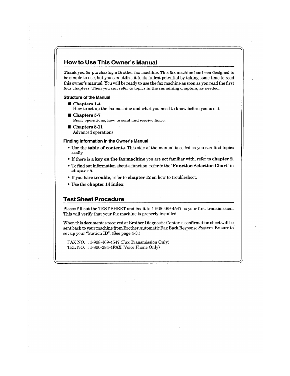 How to use this owner’s manual, Test sheet procedure | Brother Fax 980 M User Manual | Page 3 / 88