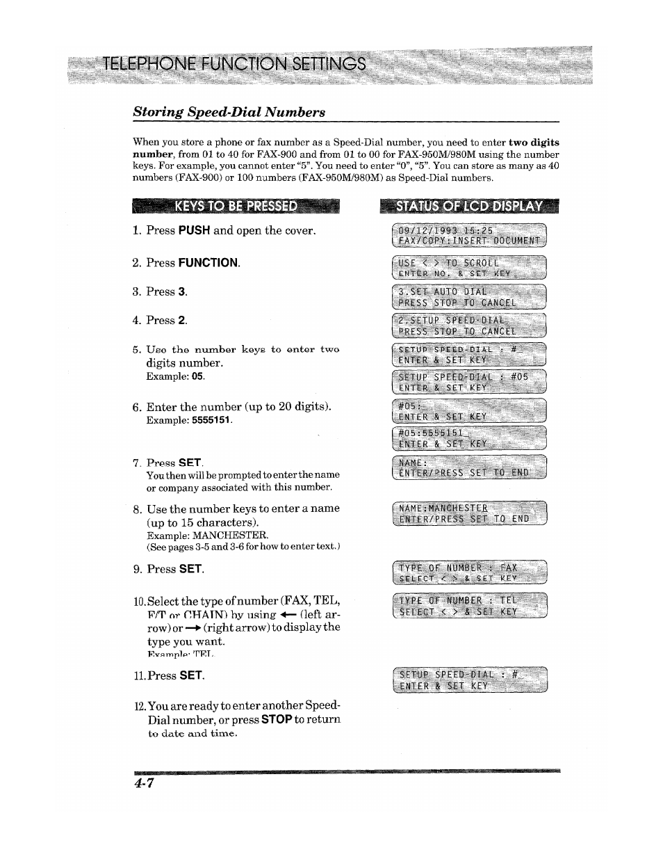 Storing speed-dial numbers, Status of lcd display, Telephone function sehings | Press 2, Use the number keys to enter two digits number, Enter the number (up to 20 digits), Press | Brother Fax 980 M User Manual | Page 30 / 88