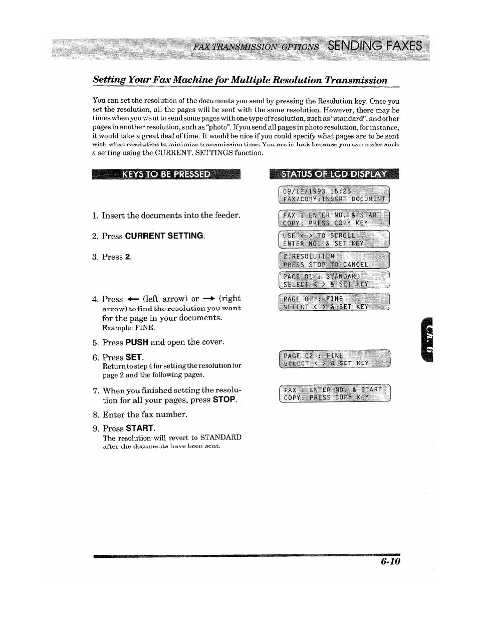 Status of lcd display, Press current setting, Smssion options | Brother Fax 980 M User Manual | Page 43 / 88