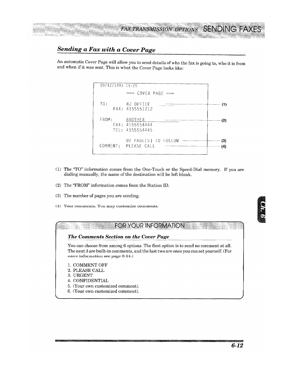 G faxes, Sending a fax with a cover page, Foi:¥qur information | Brother Fax 980 M User Manual | Page 45 / 88