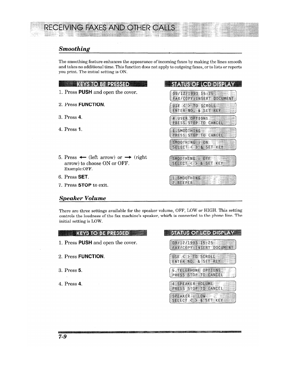 Smoothing, Press push and open the cover, Press function | Press 4, Press 1, Press set, Press stop to exit, Status of lcd display, Speaker volume, Receiving faxes and other calls | Brother Fax 980 M User Manual | Page 58 / 88