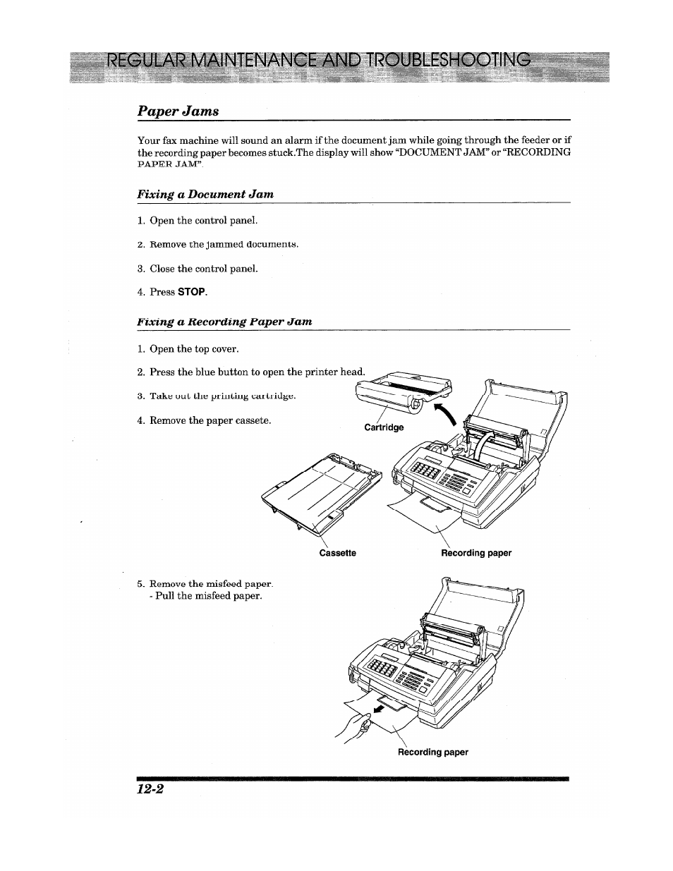 Paper jams, Regular maintenance and troubleshooting | Brother Fax 980 M User Manual | Page 76 / 88