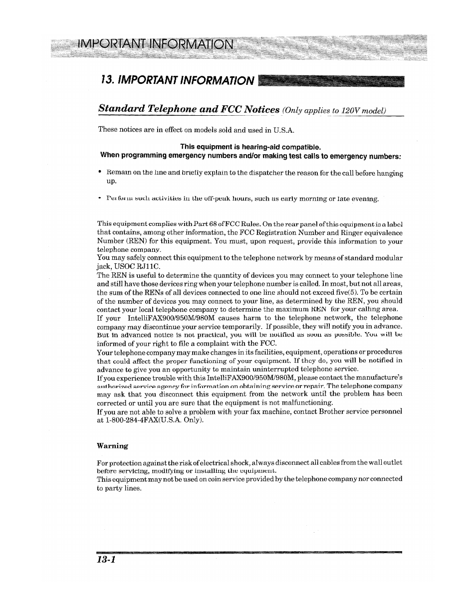 Important information, Standard telephone and fcc notices | Brother Fax 980 M User Manual | Page 80 / 88