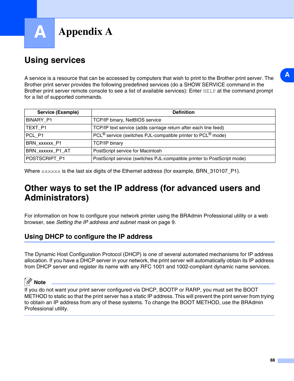 Appendix a, Using services, Using dhcp to configure the ip address | And rarp, see, Thods. see, Other ways to set the ip address | Brother DCP 8065DN User Manual | Page 100 / 112