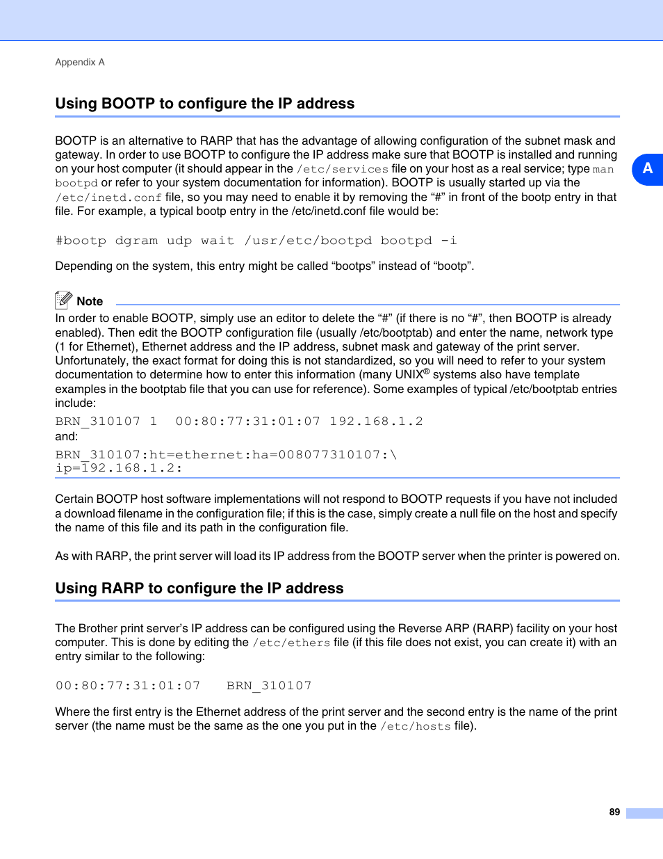 Using bootp to configure the ip address, Using rarp to configure the ip address, Ausing bootp to configure the ip address | Brother DCP 8065DN User Manual | Page 101 / 112