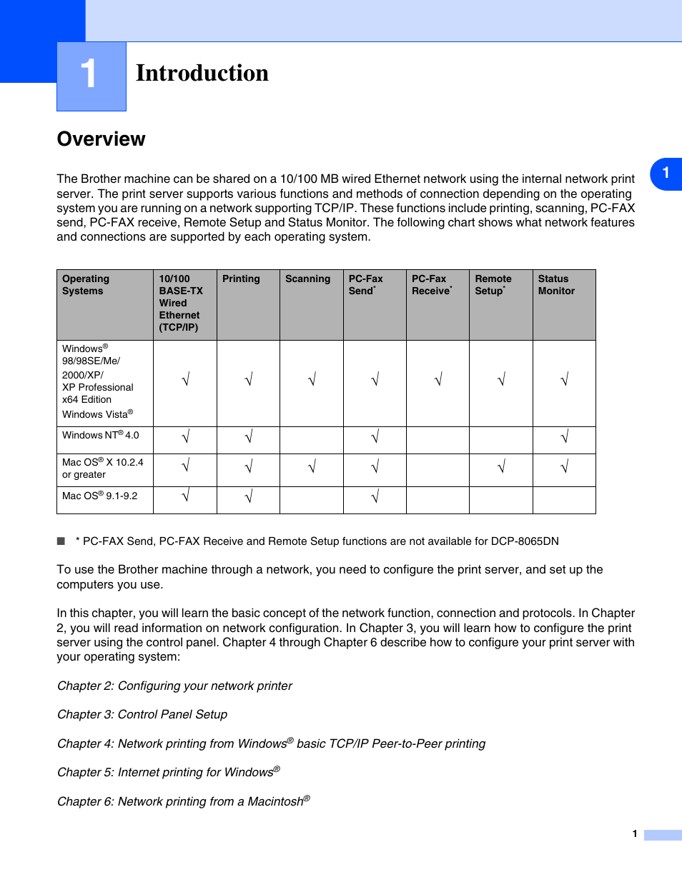 1 introduction, Overview, Introduction | Brother DCP 8065DN User Manual | Page 13 / 112