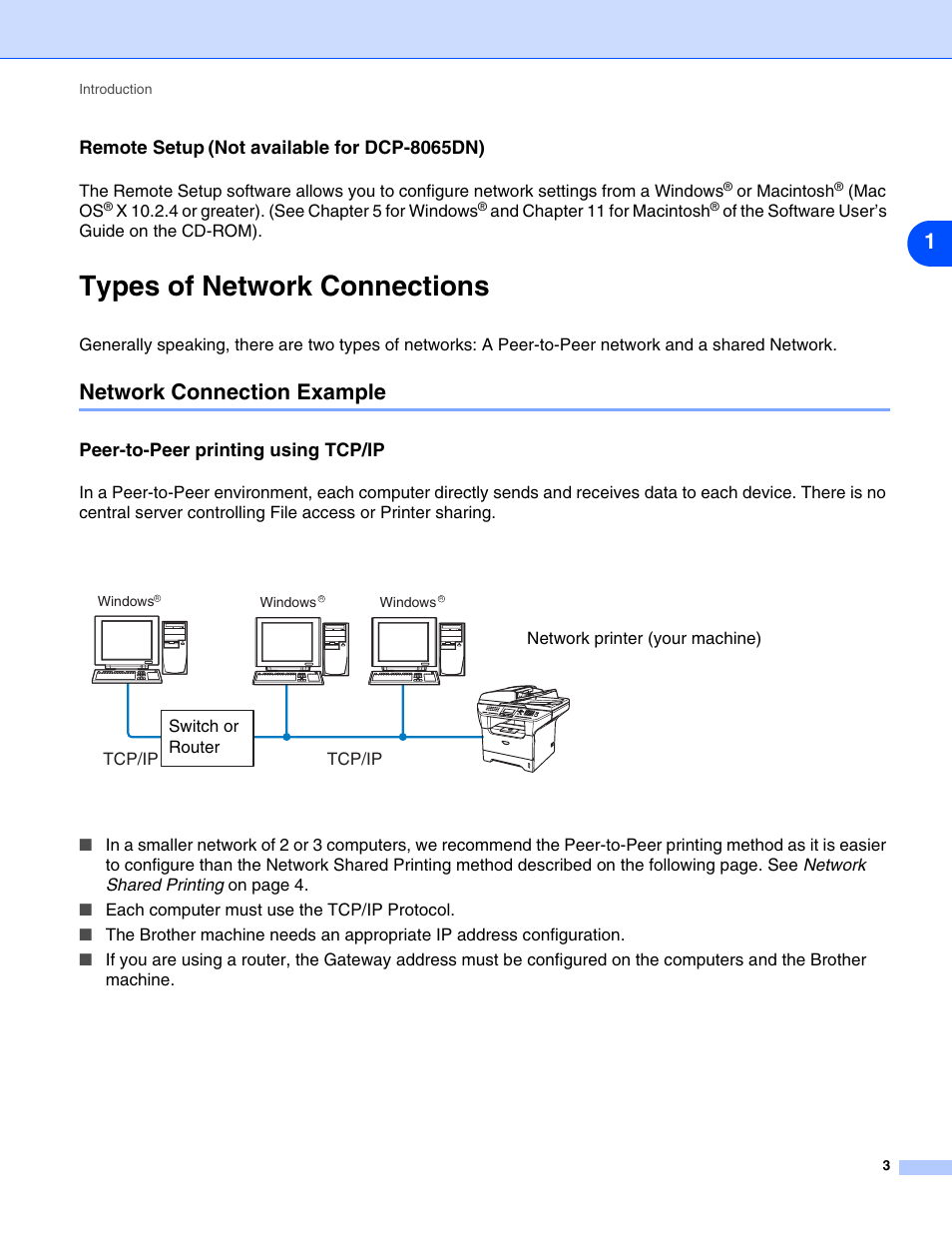 Remote setup (not available for dcp-8065dn), Types of network connections, Network connection example | Peer-to-peer printing using tcp/ip, Remote setup, Not available for dcp-8065dn) | Brother DCP 8065DN User Manual | Page 15 / 112