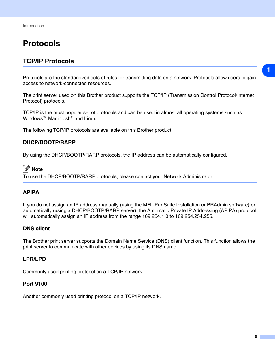 Protocols, Tcp/ip protocols, Dhcp/bootp/rarp | Apipa, Dns client, Lpr/lpd, Port 9100, Dhcp/bootp/rarp apipa dns client lpr/lpd port 9100 | Brother DCP 8065DN User Manual | Page 17 / 112