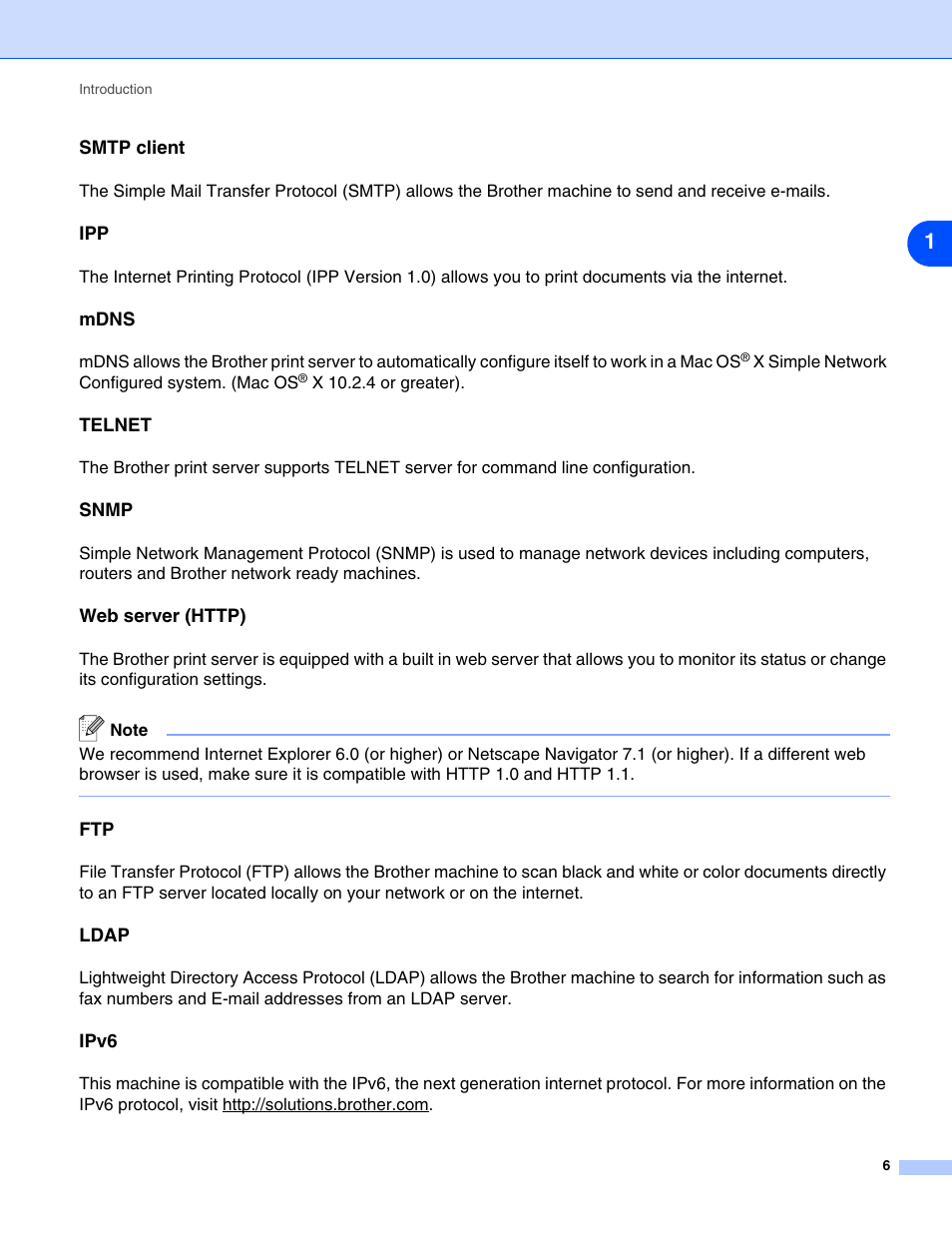 Smtp client, Mdns, Telnet | Snmp, Web server (http), Ldap, Ipv6 | Brother DCP 8065DN User Manual | Page 18 / 112