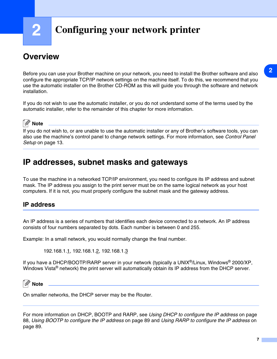 2 configuring your network printer, Overview, Ip addresses, subnet masks and gateways | Ip address, Configuring your network printer, Overview ip addresses, subnet masks and gateways, Chapter 2: configuring your network printer | Brother DCP 8065DN User Manual | Page 19 / 112