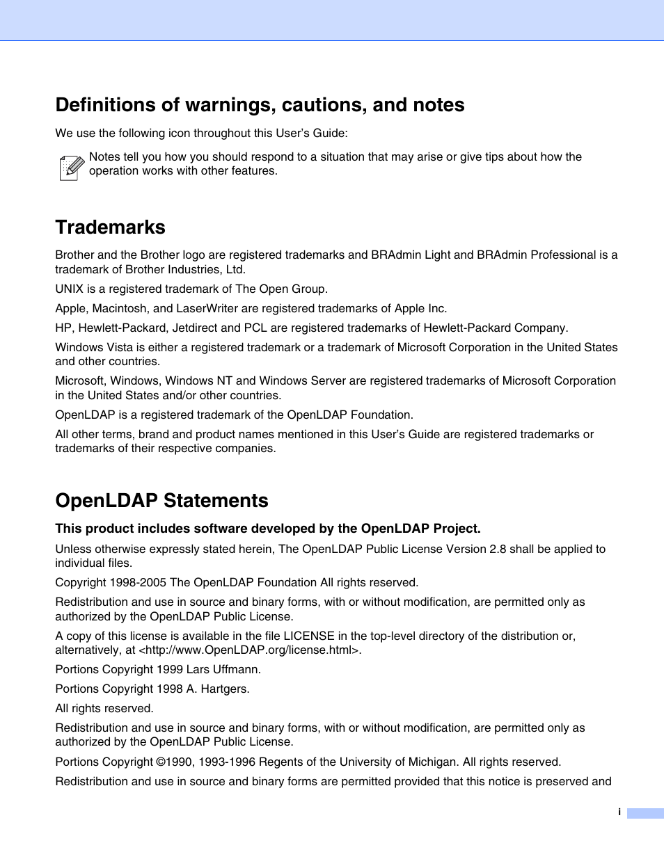 Trademarks, Openldap statements | Brother DCP 8065DN User Manual | Page 2 / 112