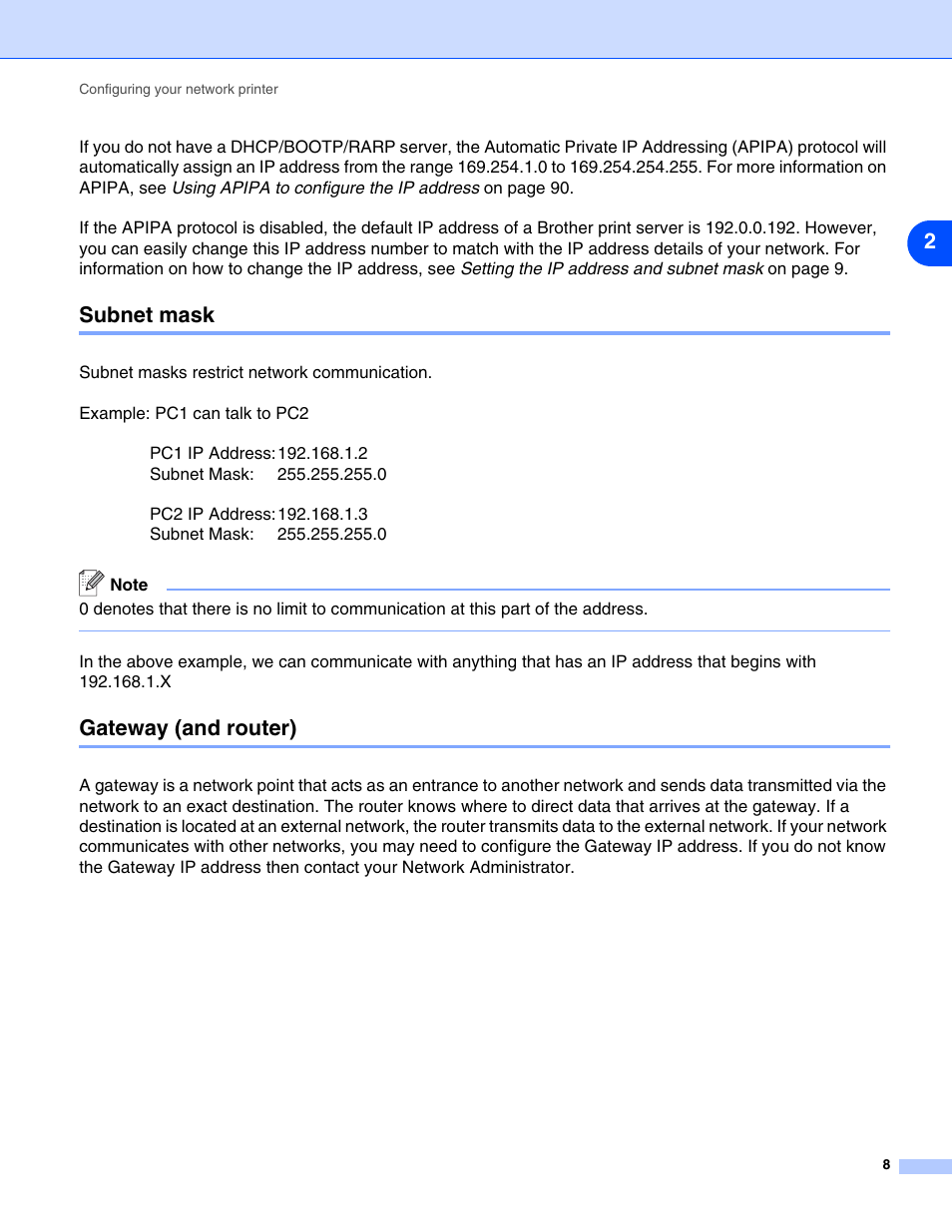 Subnet mask, Gateway (and router), Subnet mask gateway (and router) | Brother DCP 8065DN User Manual | Page 20 / 112