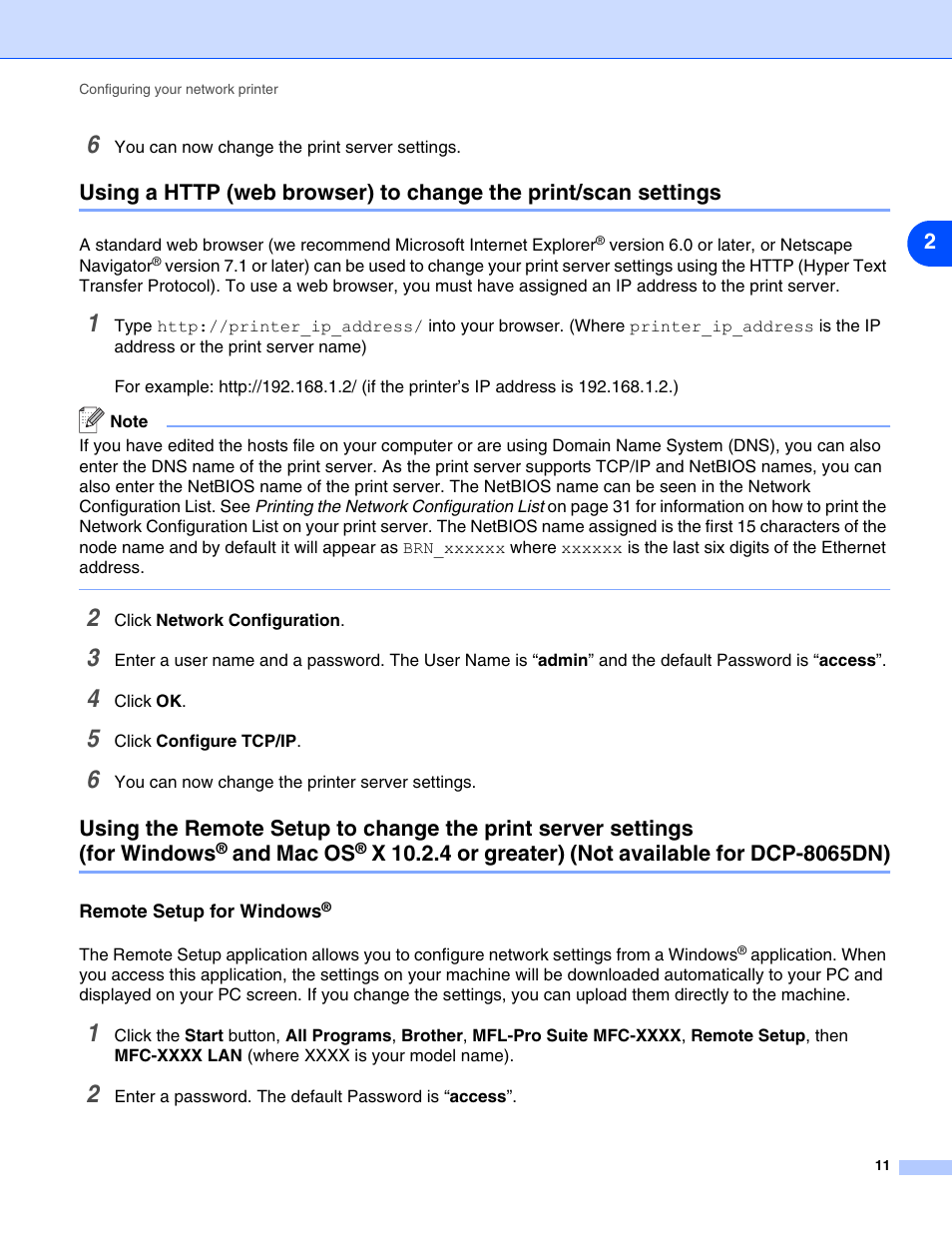 Remote setup for windows, For windows, And mac os | Brother DCP 8065DN User Manual | Page 23 / 112