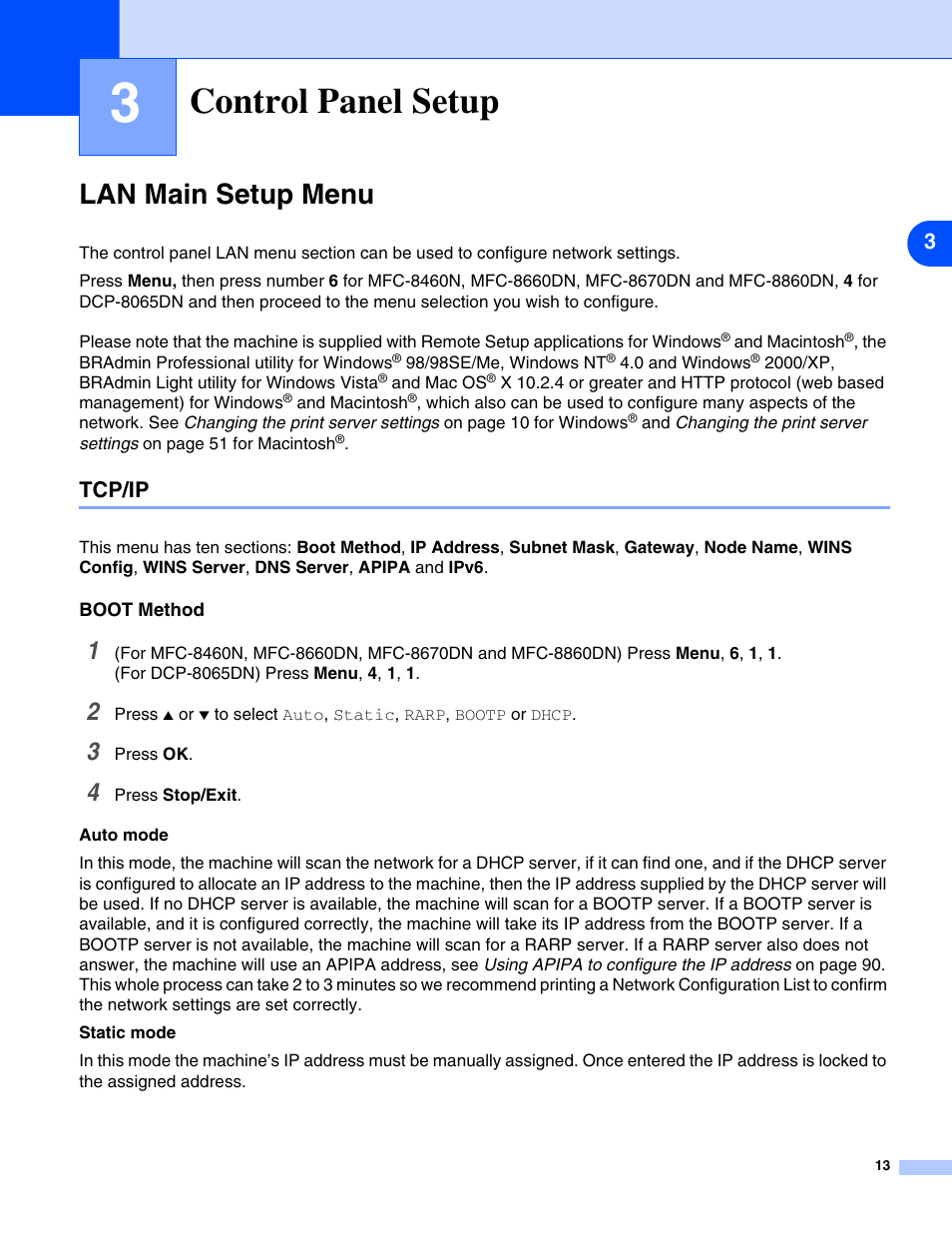 3 control panel setup, Lan main setup menu, Tcp/ip | Boot method, Control panel setup, Chapter 3: control panel setup, Rmation, see, Control panel, El lan menu. see | Brother DCP 8065DN User Manual | Page 25 / 112