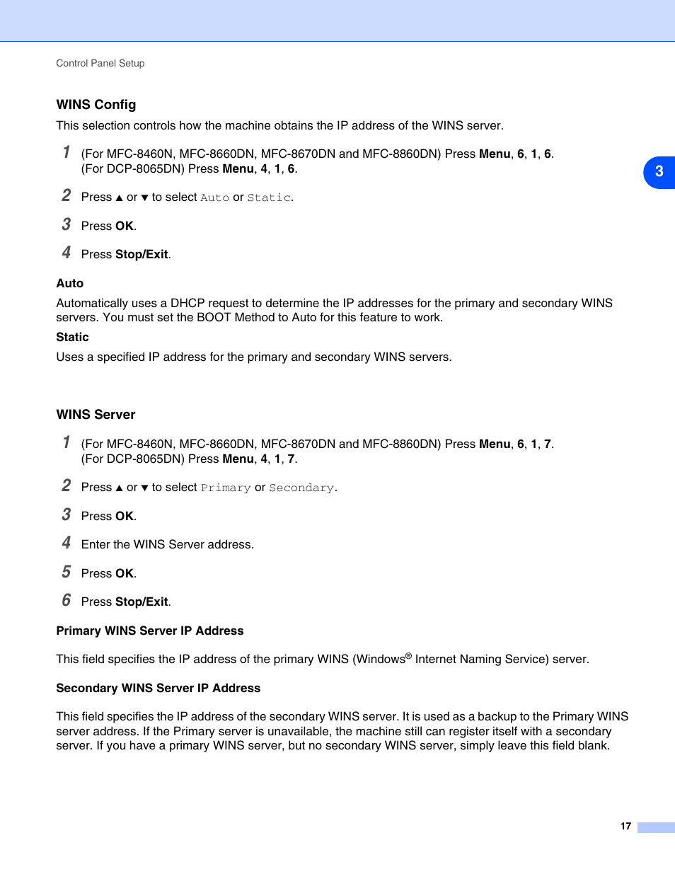 Wins config, Wins server, Wins config wins server | Brother DCP 8065DN User Manual | Page 29 / 112