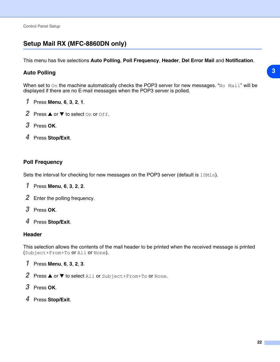 Setup mail rx (mfc-8860dn only), Auto polling, Poll frequency | Header, Auto polling poll frequency header | Brother DCP 8065DN User Manual | Page 34 / 112