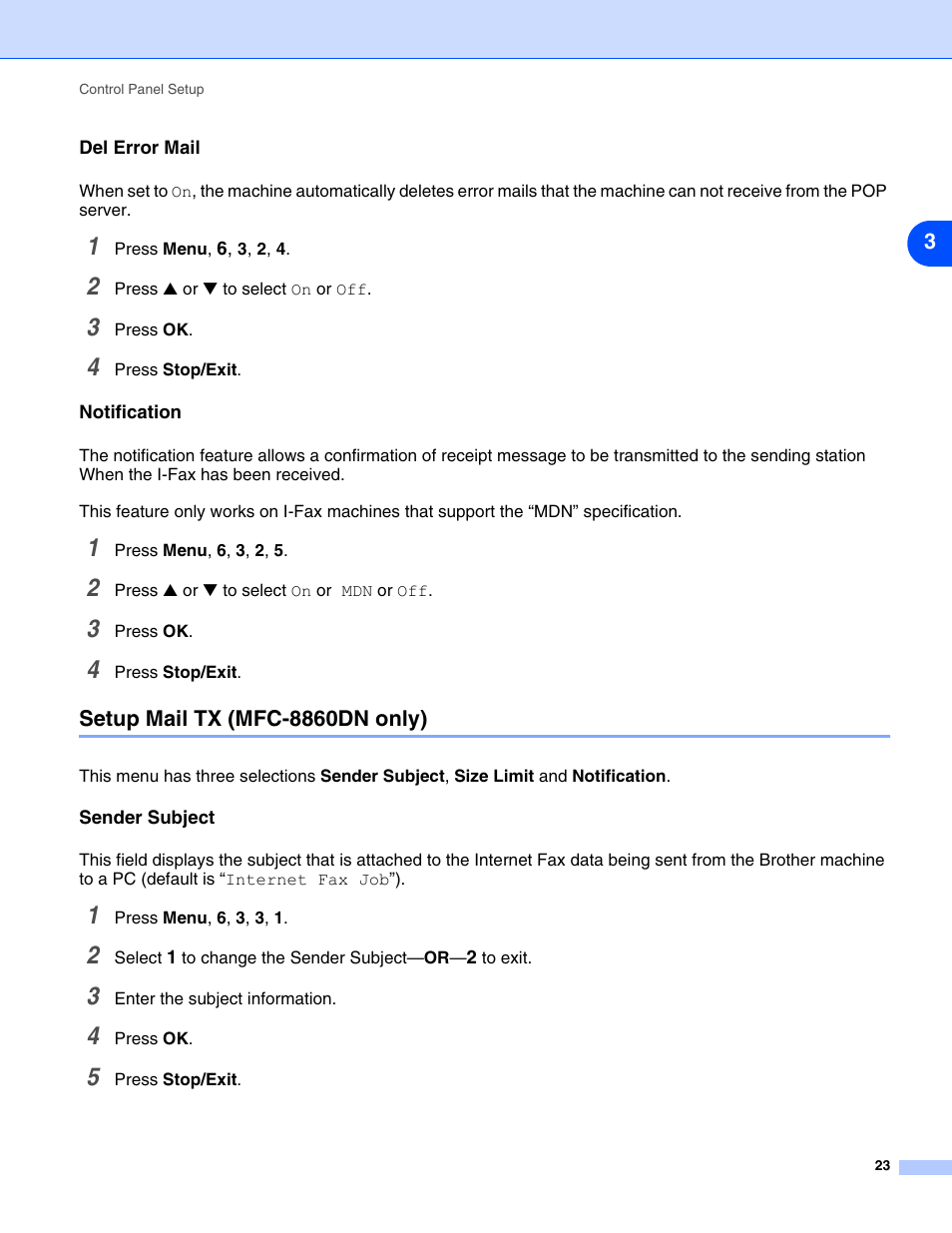 Del error mail, Notification, Setup mail tx (mfc-8860dn only) | Sender subject, Del error mail notification | Brother DCP 8065DN User Manual | Page 35 / 112