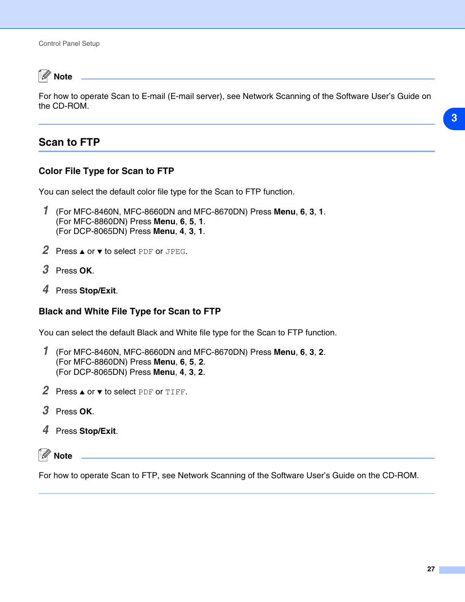 Scan to ftp, Color file type for scan to ftp, Black and white file type for scan to ftp | Brother DCP 8065DN User Manual | Page 39 / 112