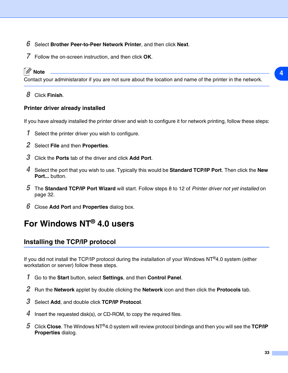 Printer driver already installed, For windows nt® 4.0 users, Installing the tcp/ip protocol | For windows nt, 0 users | Brother DCP 8065DN User Manual | Page 45 / 112