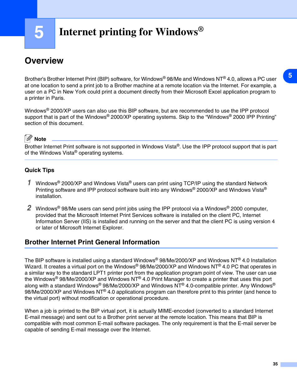 5 internet printing for windows, Overview, Quick tips | Brother internet print general information, Internet printing for windows, Chapter 5: internet printing for windows | Brother DCP 8065DN User Manual | Page 47 / 112