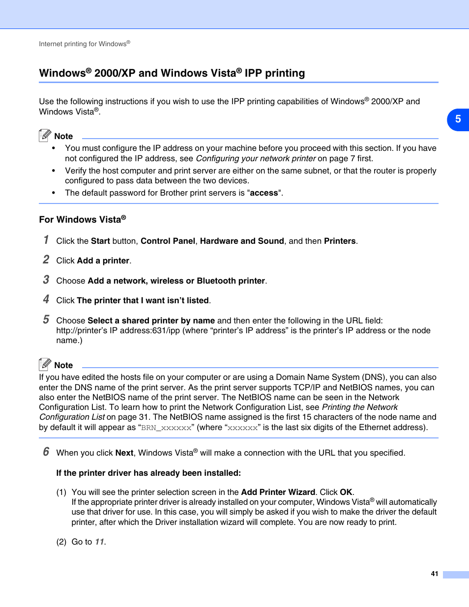 Windows® 2000/xp and windows vista® ipp printing, For windows vista, Windows | 2000/xp and windows vista, Ipp printing, 5windows | Brother DCP 8065DN User Manual | Page 53 / 112