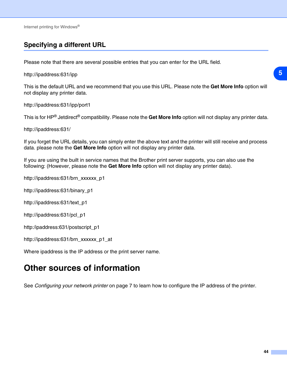 Specifying a different url, Other sources of information, 5specifying a different url | Brother DCP 8065DN User Manual | Page 56 / 112