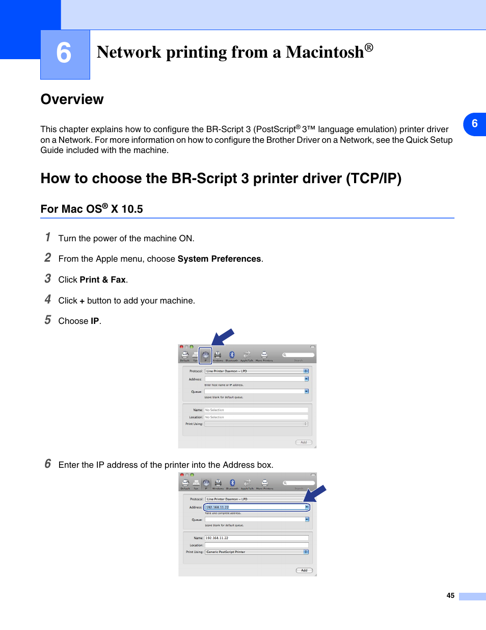 6 network printing from a macintosh, Overview, For mac os® x 10.5 | Network printing from a macintosh, For mac os, X 10.5, Chapter 6: network printing from a macintosh | Brother DCP 8065DN User Manual | Page 57 / 112