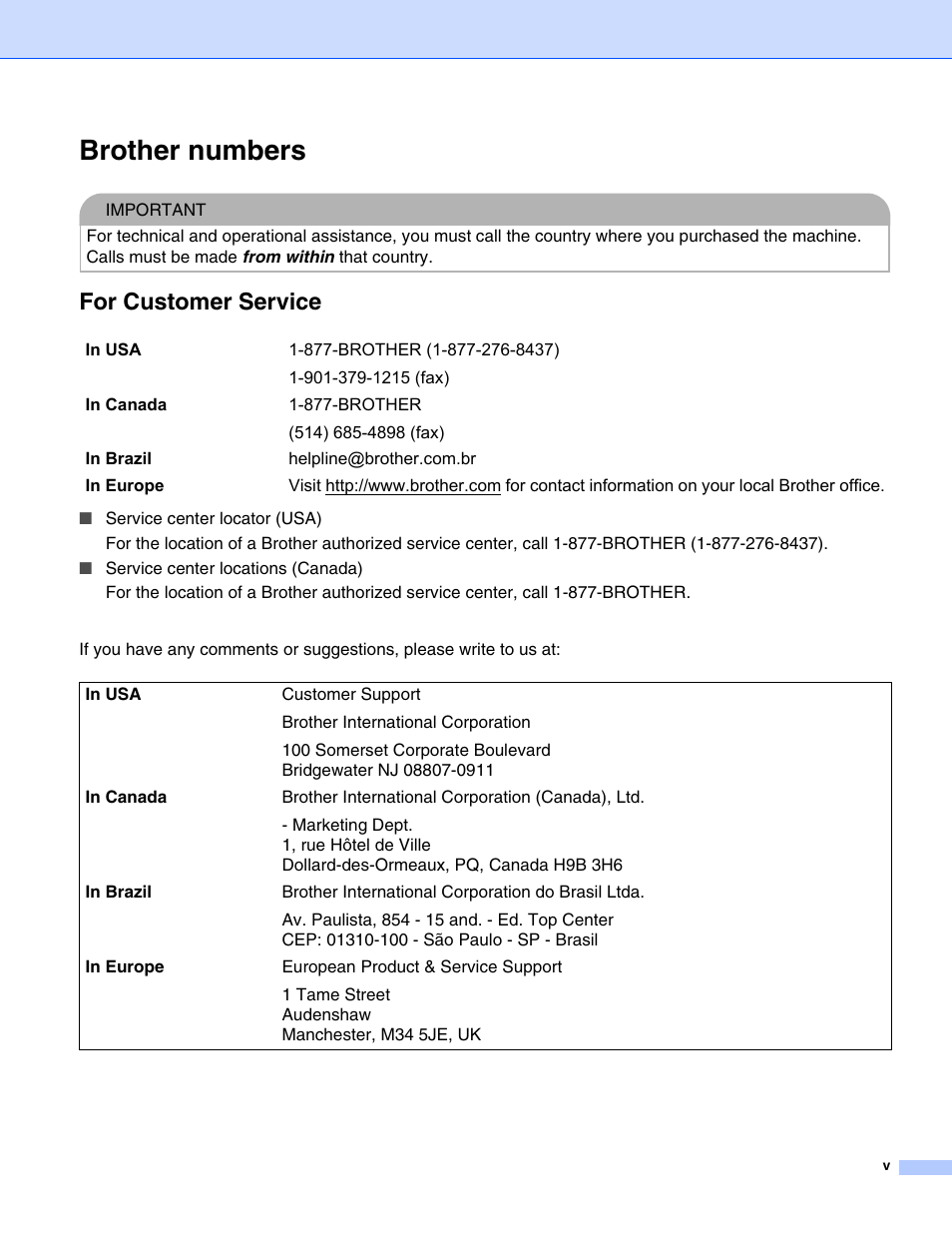 Brother numbers, For customer service | Brother DCP 8065DN User Manual | Page 6 / 112