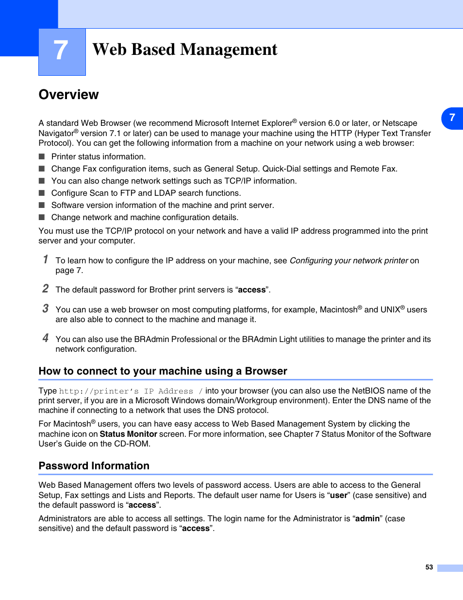 7 web based management, Overview, How to connect to your machine using a browser | Password information, Web based management, S. (see | Brother DCP 8065DN User Manual | Page 65 / 112