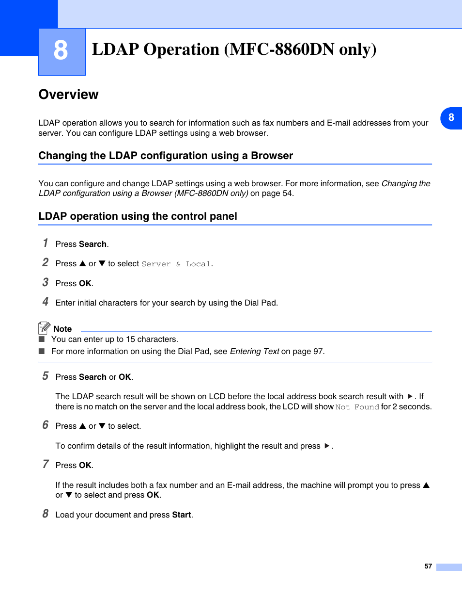 8 ldap operation (mfc-8860dn only), Overview, Changing the ldap configuration using a browser | Ldap operation using the control panel, Ldap operation (mfc-8860dn only) | Brother DCP 8065DN User Manual | Page 69 / 112