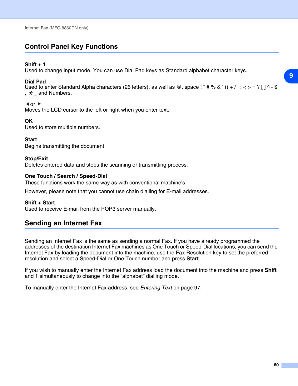 Control panel key functions, Sending an internet fax, 9control panel key functions | Brother DCP 8065DN User Manual | Page 72 / 112