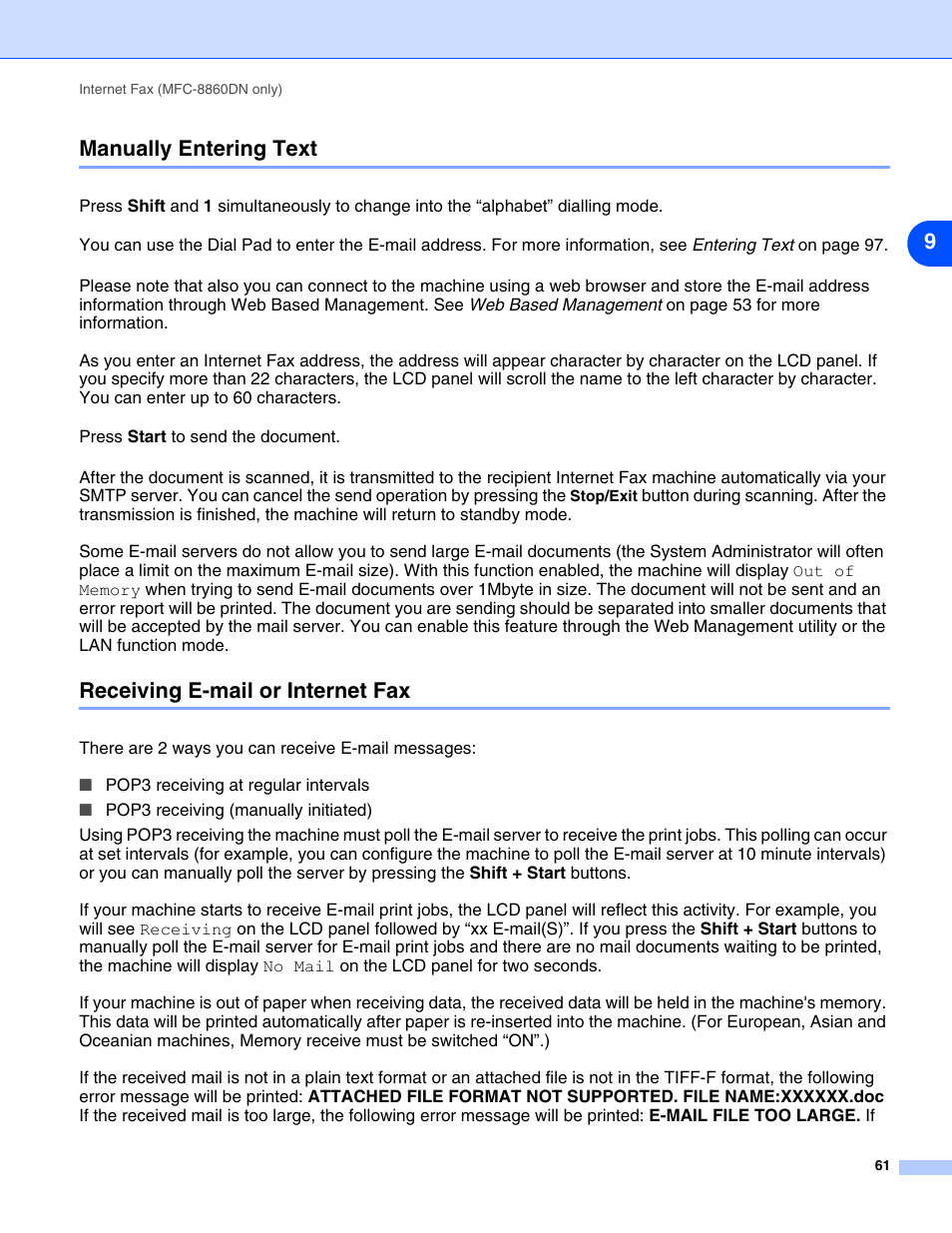 Manually entering text, Receiving e-mail or internet fax, 9manually entering text | Brother DCP 8065DN User Manual | Page 73 / 112