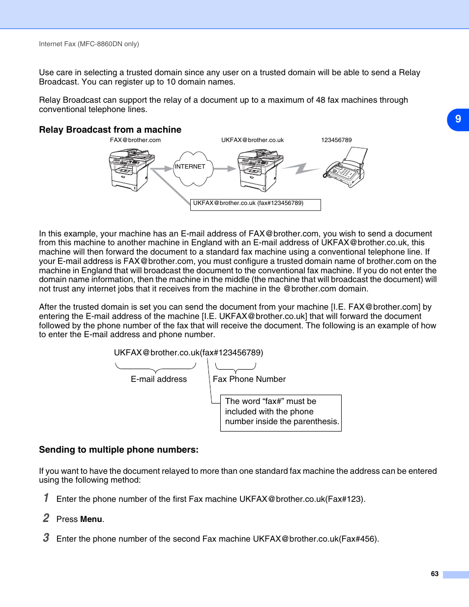 Relay broadcast from a machine, Sending to multiple phone numbers | Brother DCP 8065DN User Manual | Page 75 / 112