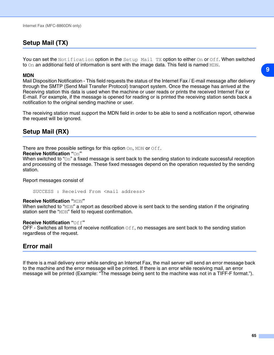 Setup mail (tx), Setup mail (rx), Error mail | Setup mail (tx) setup mail (rx) error mail | Brother DCP 8065DN User Manual | Page 77 / 112