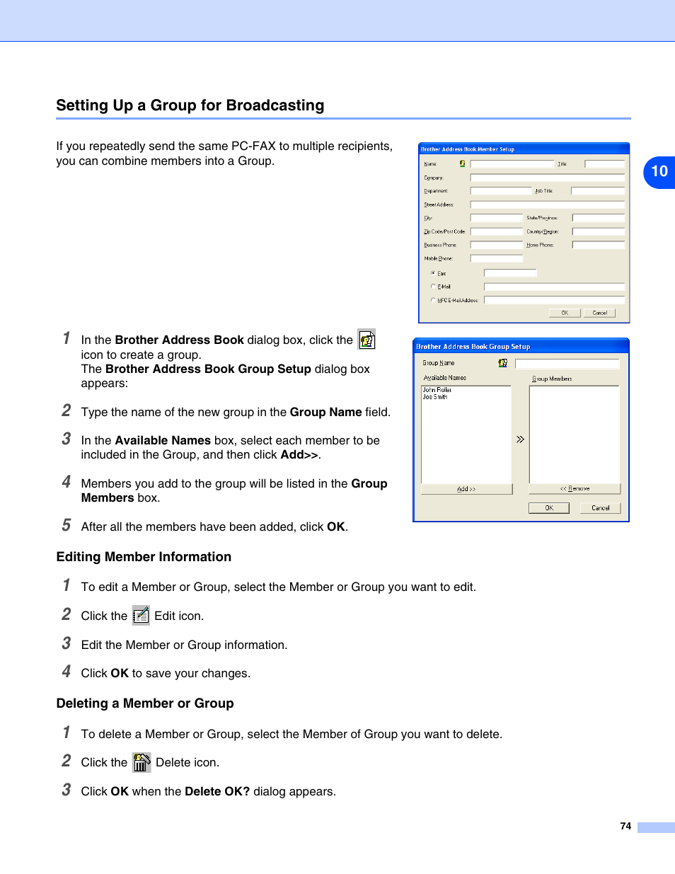 Setting up a group for broadcasting, Editing member information, Deleting a member or group | Brother DCP 8065DN User Manual | Page 86 / 112