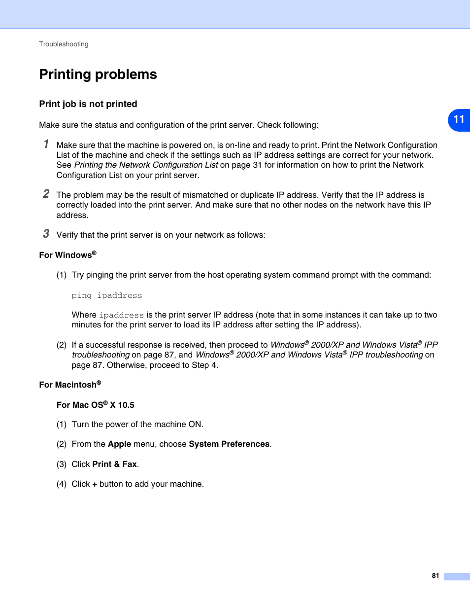 Printing problems, Print job is not printed | Brother DCP 8065DN User Manual | Page 93 / 112