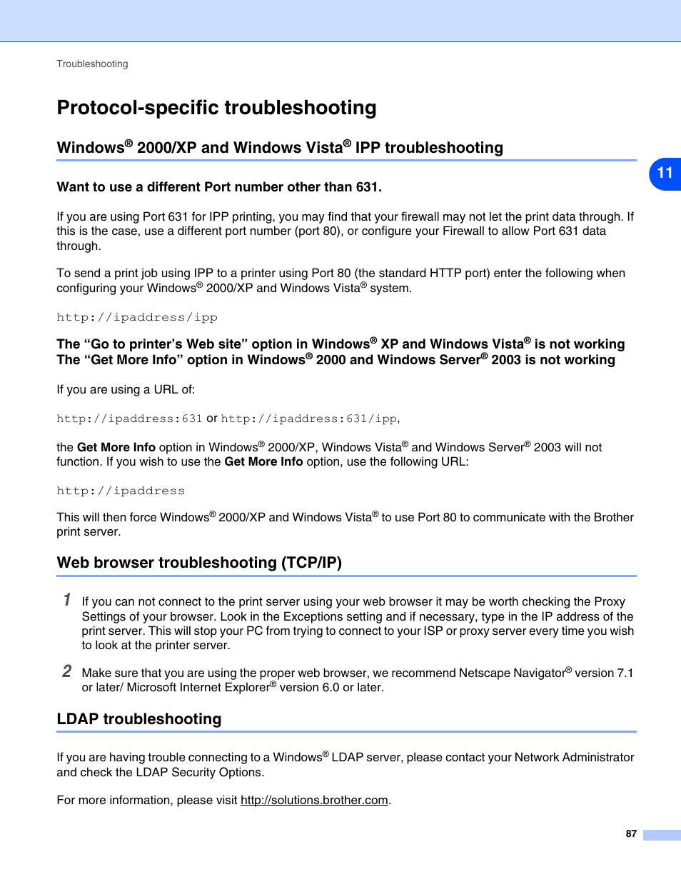 Protocol-specific troubleshooting, Want to use a different port number other than 631, Web browser troubleshooting (tcp/ip) | Ldap troubleshooting, Windows, 2000/xp and windows vista, Ipp troubleshooting, Xp and windows vista, Is not working, The “get more info” option in windows | Brother DCP 8065DN User Manual | Page 99 / 112